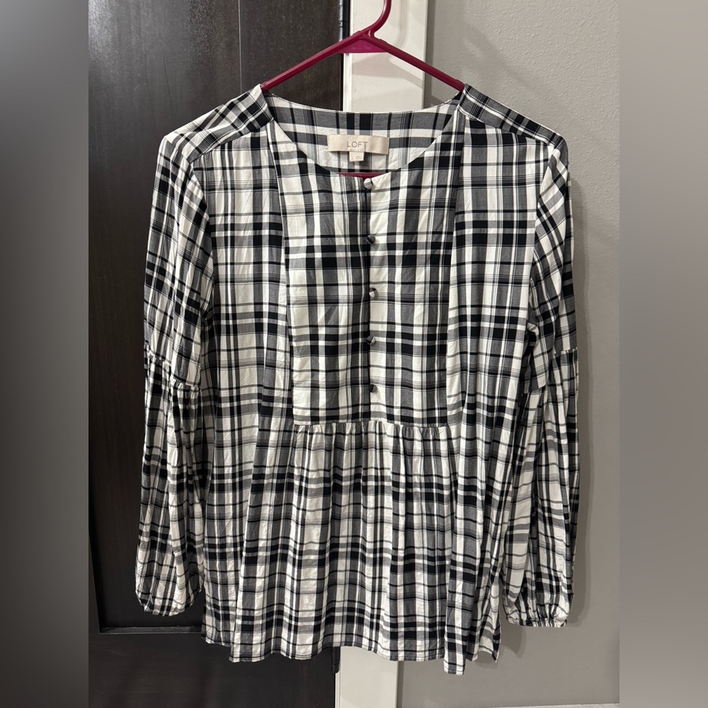LOFT Black and White Plaid Blouse